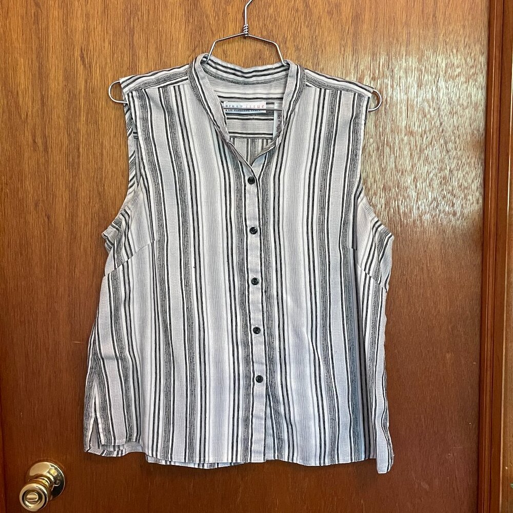 Sleeveless Button Down Black & White Striped Summer Shirt L